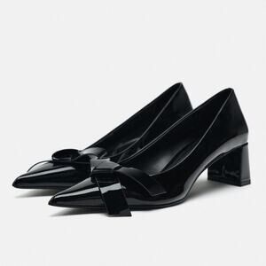 Zara Black BLOCK HEEL BOW PUMPS